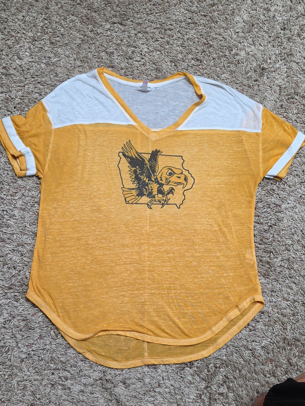 No Boundaries V-Neck Short Sleeve Tee in Mustard Yellow and White Iowa Hawks